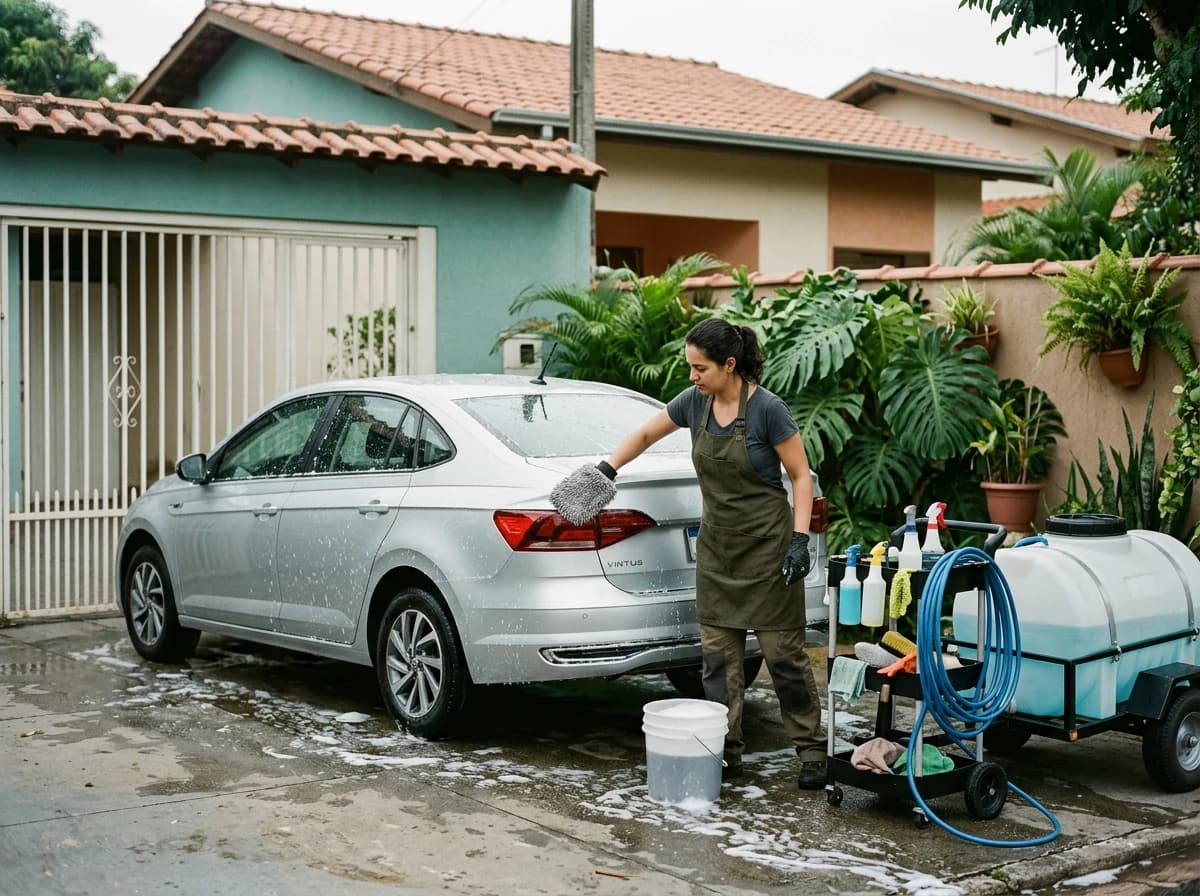 Detailer móvel lavando um carro na garagem de um cliente