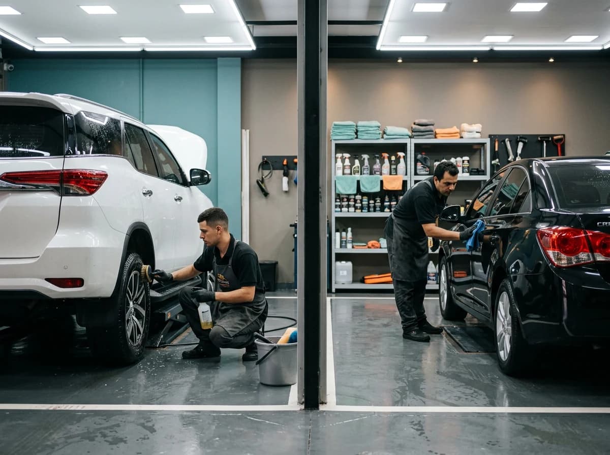 Equipe trabalhando em carros numa estética automotiva com várias vagas