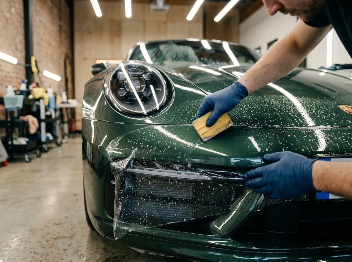 Aplicação de película de proteção de pintura em um carro num estúdio